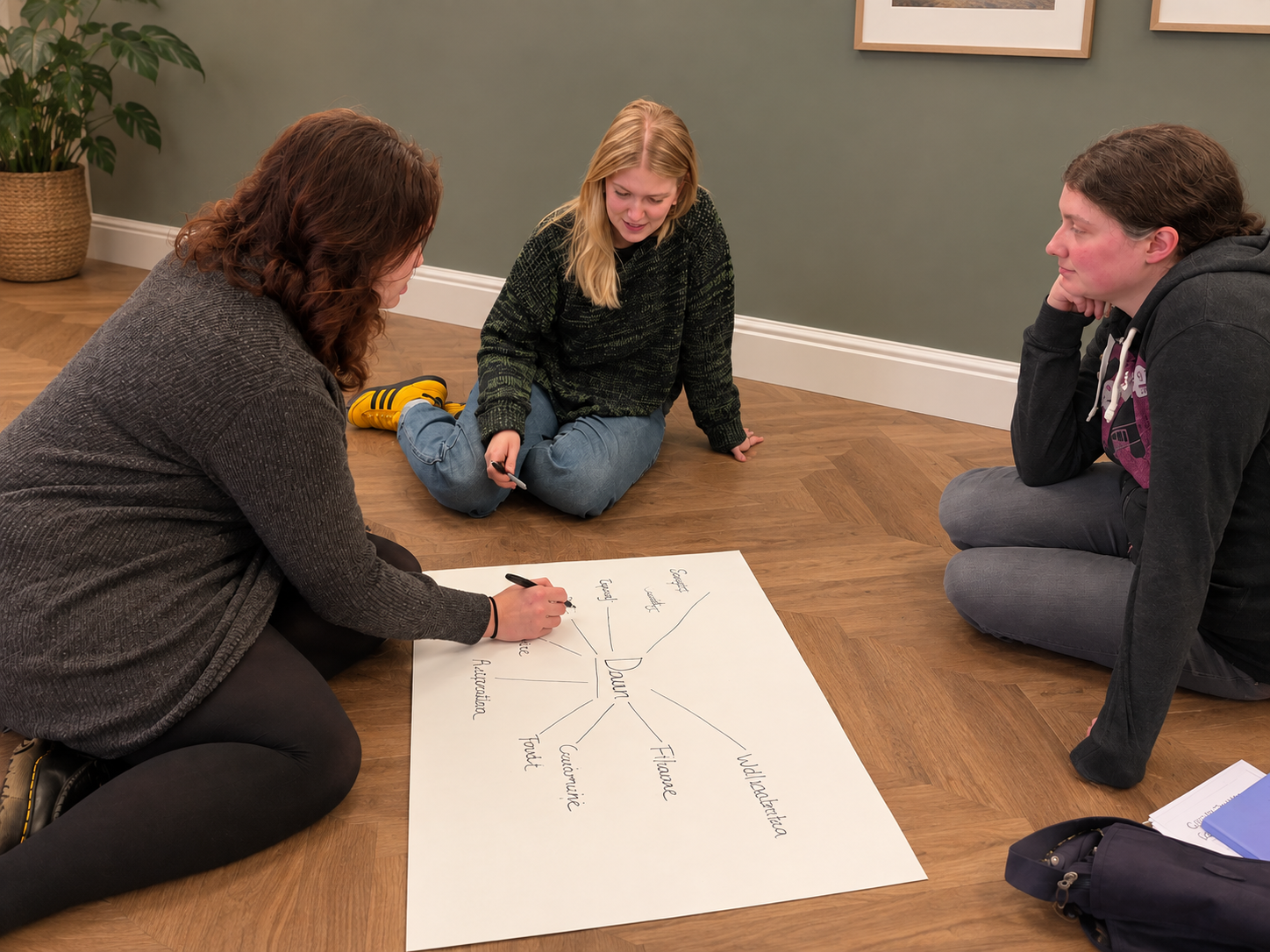 Three trainee counsellors sitting on the floor working together on a mind map about power